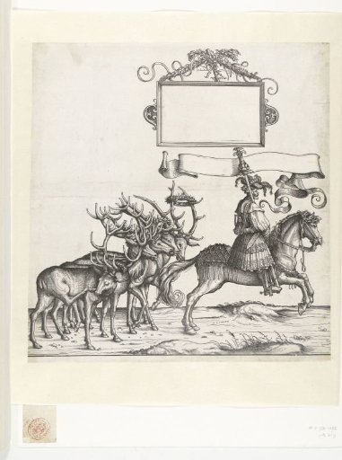 Five stags and standard-bearer on horseback