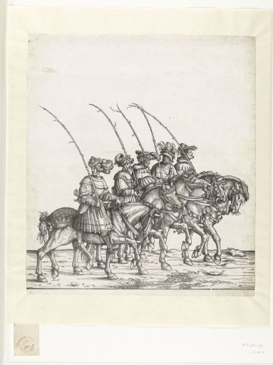 Five hunters on horseback at the hunt for stags