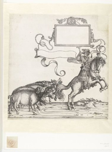 Five wild boars and standard-bearer on horseback