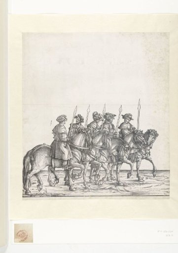 Five hunters on horseback at the hunt for wild boars