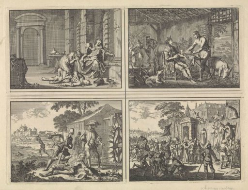 Tsar Fedor Borisovich dies poisoned in prison, 1605 / Philip II, King of Spain is sheltered in the hut of a poor peasant, ca. 1560 / Wirich von Daun, Count of Falkenstein, murdered by Spaniards at a watermill, 1598 / Monks from a monastery near Linz are among the peasants