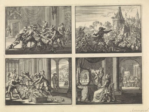 Duke of Guise murdered in the castle at Blois, 1588 / Failed assault on the walls of Livron, defended by the Huguenots, 1574 / Servants of the Duke of Aumale try to drive away rats in his coffin, 1591 / Italian sorcerer shows Catherine de' Medici the future in a mirror
