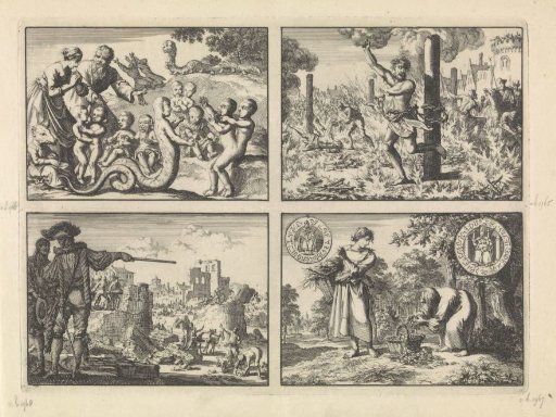 Monsters and misbirths, ca. 1590 / Four arsonists in Prague burned alive, ca. 1583 / Spinola has the walls of Mülheim demolished, 1614 / Wonderful appearance of an old man to a poor peasant girl, while he fills her basket with silver coins, 1605
