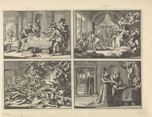 Footmen gamble on the coffin of the Duke of Luynes, 1621 / Satirical theatrical performance given by King Philip IV of Spain to his guest Charles I of England, 1623 / Collapsed gallery during a Catholic religious service in the house of the Spanish ambassador in London, 1623 / Disguised