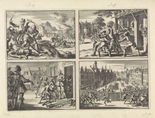 Turkish cruelties in the area around Venice, 1614 / Houses of the Counter-Remonstrants in Schoonhoven are attacked and smeared with filth, 1617 / Prince Maurice on the Neude in Utrecht orders the Waardgelders to lay down their weapons, 1618 / Breestraat in Leiden occupied by the Waardgelders, 1618