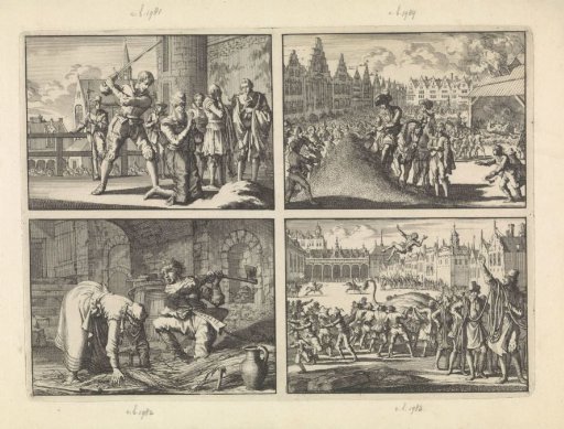 Johan van Oldenbarnevelt beheaded, 1619 / Grote Markt in Frankfurt am Main during the coronation of Emperor Ferdinand II, 1619 / Man in Grosz-Gerau kills his mother with an axe while she makes a straw bed in the cellar, 1616 / Peasant wedding by the butchers in Vienna for Emperor Matthias, 1613