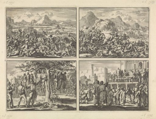 Imperial army defeated by the French at Mázia in Valtellina and driven back in the Adige, 1635 / Pappenheim defeats the rebellious peasants in Austria near Linz on the Danube, 1626 / Captured peasants at Hasingen hanged in a tree by the Swedes, 1633 / Sultan Murat IV has two men's...