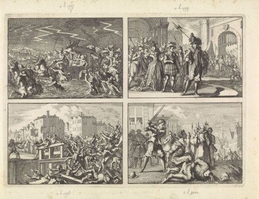 King Louis XIII near Narbonne with his retinue surprised by high water and severe thunderstorm, 1632 / By order of King Louis XIII, Duke Charles of Lorraine and his wife are captured, 1633 / Bridge at Paris collapses during a procession, 1633 / Notorious duelists De Bouteville and...