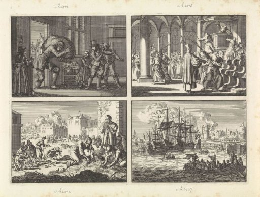 During the siege of La Rochelle, the widow of Prosui is brought a sack of grain by an unknown person, 1628 / The Margaretha Church at La Rochelle is reconsecrated Catholic by whipping the pulpit, pillars and benches with rods, 1628 / Famine during the siege of La Rochelle, 1628 / Harbour...