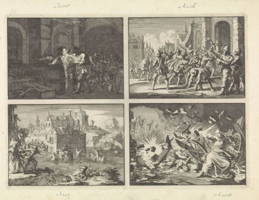Soldiers in Breisach have an accident by bringing fire into a cellar with gunpowder, 1638 / In Bremen Lutherans enter the Cathedral against the council's prohibition while the guard lays down their weapons, 1638 / High water during the siege of Wolfenbüttel, 1641 / During the siege of Memmingen explodes