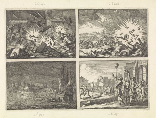 During the siege of Riga a bomb explodes in a house, 1656 / Explosion of a French powder magazine during the siege of Namur, 1640 / Ostend captured from the French by the Spaniards, 1658 / Head of the slain Masaniello is carried around on a pike in Naples, 1647