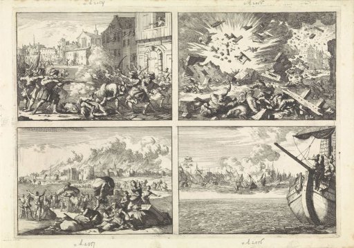 Soldiers fight against Catholic students during a riot in Krakow, 1647 / Explosion of the powder tower in Delft, 1654 / Aachen burns while inhabitants flee, 1656 / Ship of helmsman Ewoud Drouwert off the mouth of the Meuse with a mirage of fighting ships in the distance, 1651