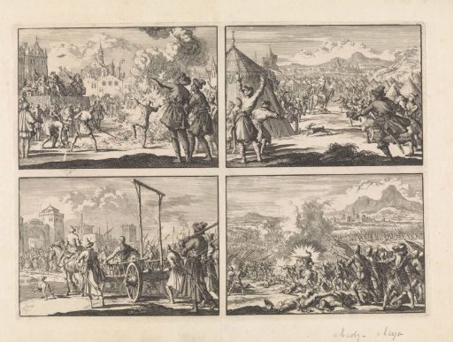 Burning of Bibles in Hungary, ca. 1660 / Hares in the camp of the Russian army in Lithuania, 1658 / Stenko Radzin is brought into Moscow with his brother Troika on a cart, 1671 / Victory of the Portuguese over the Spaniards at Villaviciosa, 1665