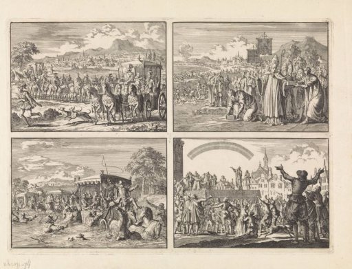 Don Pedro, regent of Portugal, proceeds after his marriage to Maria, Duchess of Aumale, from Lisbon to Alcantara and is pursued by masked nobles, 1668 / Archbishop of Toulouse lays the first stone for the lock in the canal between the Atlantic Ocean and the Mediterranean Sea