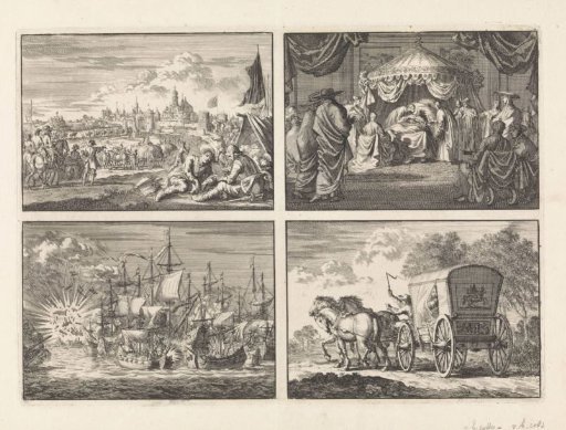 Siege of a city / Deathbed of Pope Alexander VII, 1667 / Fight of five Zeelandic privateers against eight Portuguese warships off the coast of Brazil, 1657 / The Catharina van Orliens abducted in The Hague by Johan Diederik de Mortaigne is brought by carriage to Kuilenburg, 1664