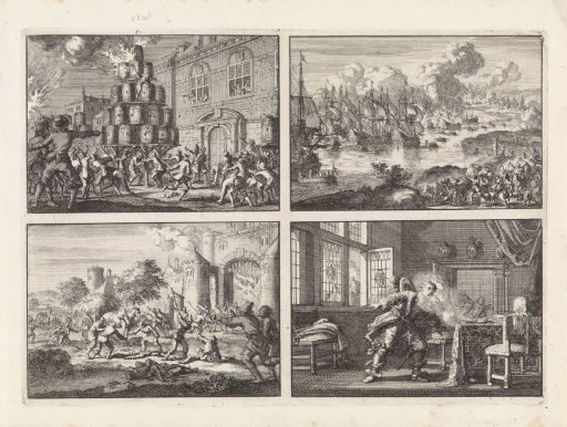 The people of Brussels prevent the lighting of a bonfire erected in honour of the victory over the English in the Four Days' Battle, 1666 / Expedition to Chatham, 1667 / Riot in Brussels, where farmers after mistreatment by Spanish soldiers drive away the guard at the Schaerbeek gate and the guardhouse