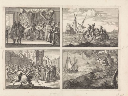 Deathbed of King Charles II of England, 1685 / Shipwreck of the Duke of York on the way to Edinburgh, 1683 / In Danzig a procession is greeted by the people with stone throwing, 1678 / Strong wind on the coast of Malmö, 1679