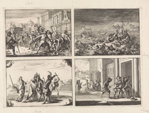 Fight in Rome between the servants of the French ambassador and some street sweepers, 1679 / On the Vistula near Warsaw two ships with clergymen and pilgrims suffer shipwreck in a whirlwind, 1683 / Cartoon about the struggle between Louis XIV and Pope Innocentius XI, 1687 / Brandy seller