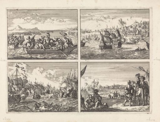 Waldensians expelled from Savoy return in boats across Lake Geneva to their country, 1689 / Genoa bombarded by the French fleet, 1684 / Battle of Solebay, 1672 / Capture of Nijmegen by the French, 1672