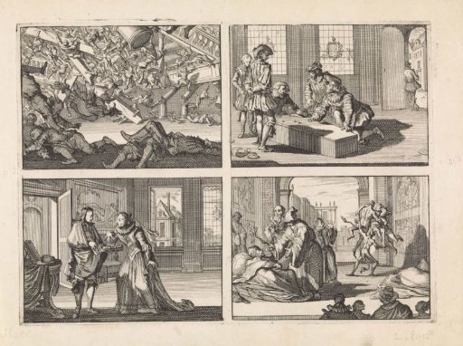 Collapsed gallery during a Catholic religious service in the house of the Spanish envoy in London, 1623 / Footmen gambling on the coffin of the Duke of Luynes, 1621 / Disguised as a jeweller, Gustavus Adolphus makes his first visit to his fiancée Maria Eleonora of Brandenburg, 1620