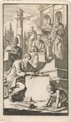 Six scholars with rolls of parchment on the steps of a temple