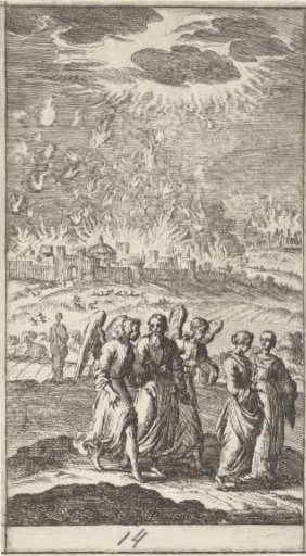 Lot and his daughters leaving the burning Sodom