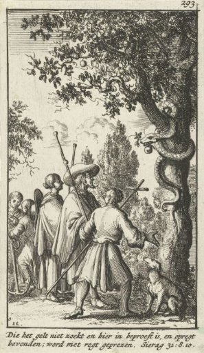 Pilgrims standing before a tree in which the serpent of paradise coils