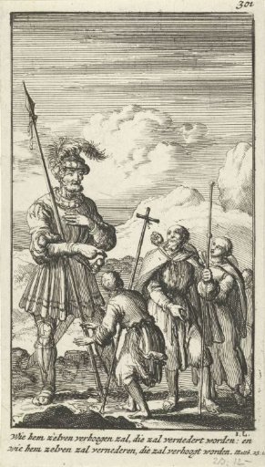 Pilgrims in conversation with a giant
