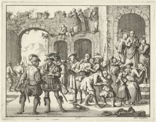 Chained Anabaptists in Austria bidding farewell to their families, 1540