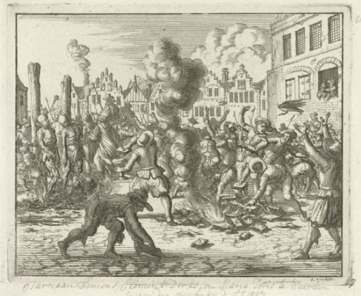 Books of the burned Jurriaan Simonsz. are plundered by the people in Haarlem, 1557