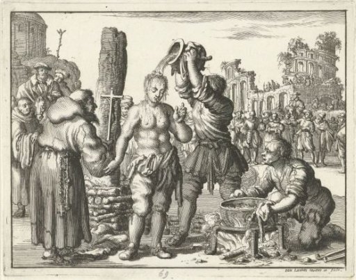 Algerius, a student at Padua, poured with boiling oil before the stake, 1557