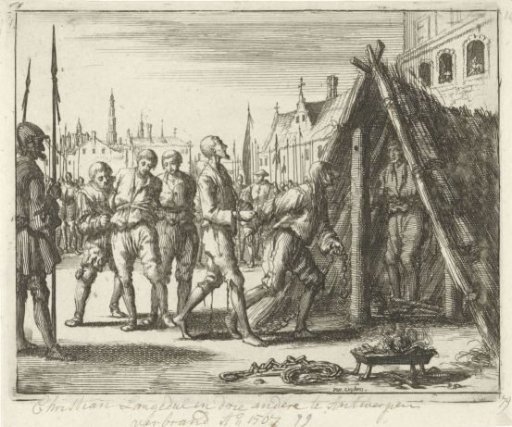 Christiaan Langedul and three others at the stake in Antwerp, 1567