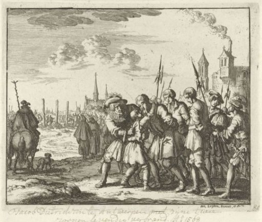 Jacob Dirksz. with his two sons led to the stake in Antwerp, 1568