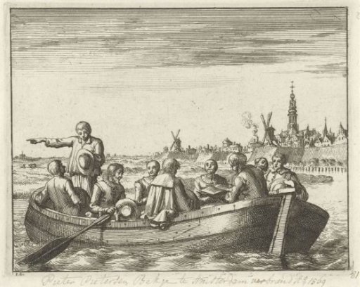 Pieter Pietersz. Bekjen reads from the Bible in a boat on the Amstel outside the Regulierspoort in Amsterdam, 1569