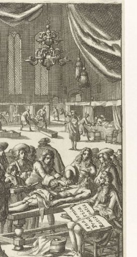 Large hospital ward in which a corpse is dissected in the foreground