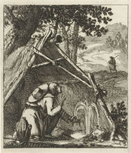 Traveller Refreshing Himself at a Gushing Spring Before a Thatched Hut
