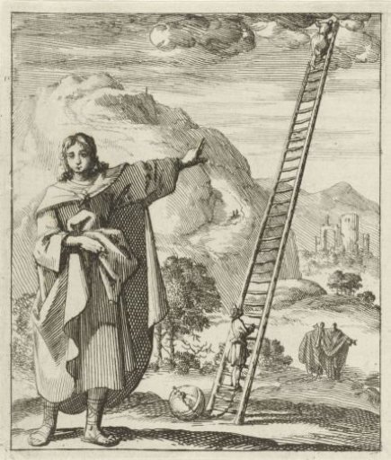 Man Pointing to a Ladder Reaching from Earth to Heaven