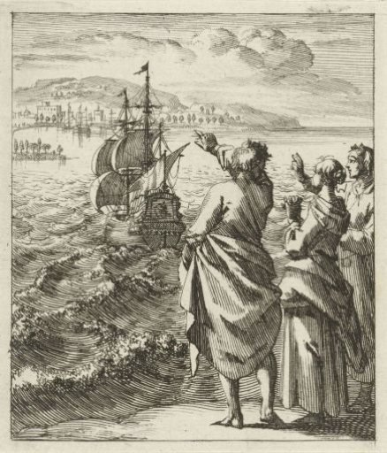 Three Figures Waving Off a Sailing Ship
