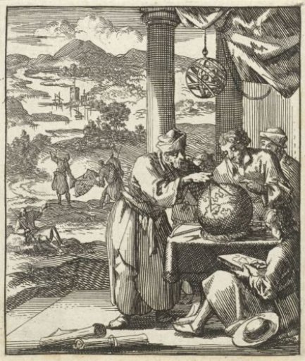 Elderly Man Taking Measurements on a Terrestrial Globe for a Group of Young Figures