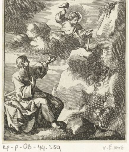 Man Watching Christ Chiselling a Piece of Stone from a Rock with Hammer and Chisel from the Clouds