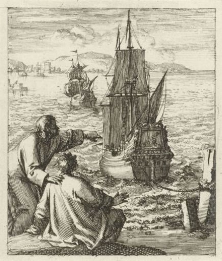 Figures Viewing Two Ships in the Bay from the Quayside