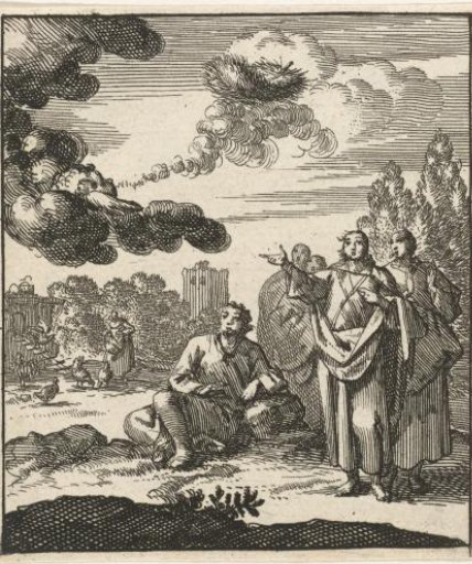 Five figures watch as a cherub blows a feather upwards from a cloud