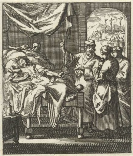 Three persons at a sickbed, behind the sick person Death has appeared