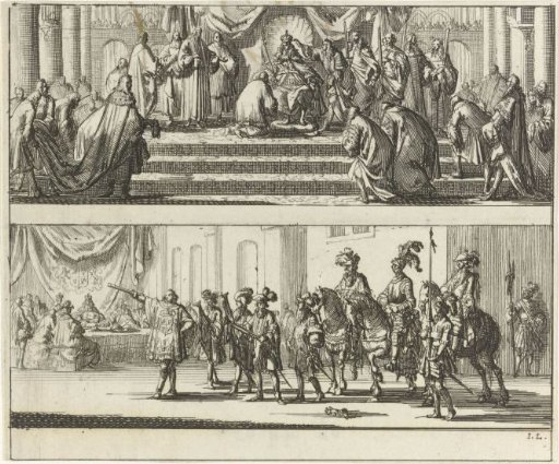 William III on the throne and the ceremony with the royal champion, 1689