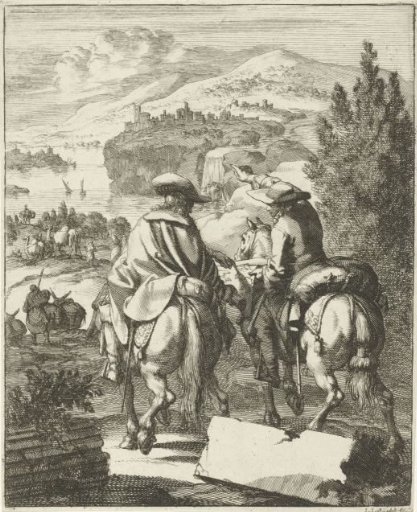 Two travellers on horseback studying a map