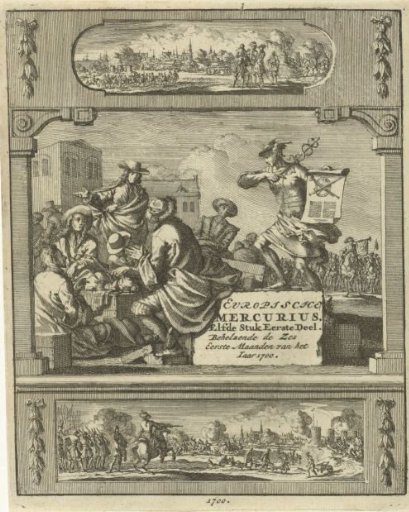 Mercury pointing a group of six gentlemen at a news picture