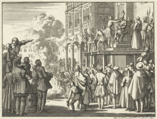 Jacob van Campen with mitre on his head on the scaffold in Amsterdam, 1535