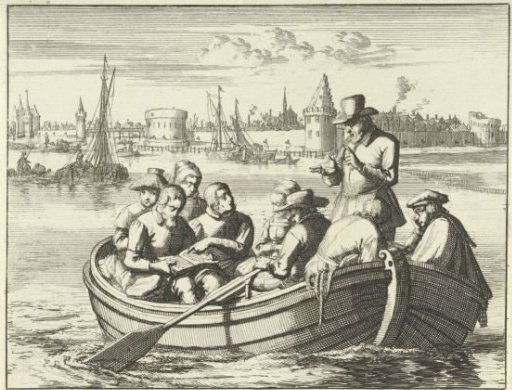 Pieter Pietersz. Bekjen preaches to eight persons in a rowing boat on the Amstel, 1568