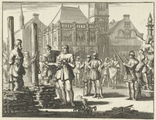 Pieter Pietersz. Bekjen with a fellow sufferer bound to the stake, is encouraged from the step of the Waag by Willem Jansz., 1569
