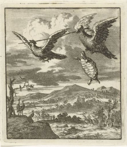 Two birds carry together while flying a stick to which a turtle is holding on